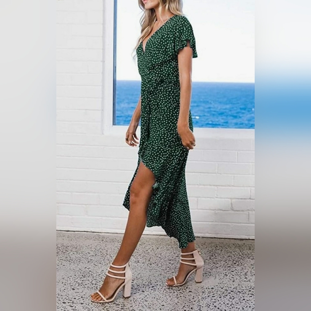NWT Zesica Brand Elegant Green Polka Dot Wrap Midi Dress Size XL - Picture 5 of 8